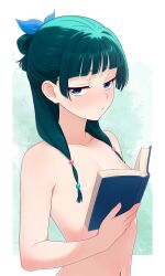 1girl absurdres armpit_crease blue_eyes blue_ribbon blush book breasts closed_mouth completely_nude covering_breasts covering_privates dullahan_(alekey_art) eyebrows_hidden_by_hair freckles from_side green_hair hair_ribbon highres holding holding_book kusuriya_no_hitorigoto looking_at_viewer maomao_(kusuriya_no_hitorigoto) medium_hair navel nude ribbon shadow short_twintails small_breasts solo stomach twintails