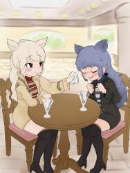 0bekenzene alternate_costume animal_ears black_boots black_jacket black_rhinoceros_(kemono_friends) blue_sweater blush boots brown_eyes brown_jacket casual chair earrings extra_ears flying_sweatdrops food food_on_face grey_hair hair_between_eyes handkerchief high_collar high_heels highres jacket jewelry kemono_friends kemono_friends_3 long_hair long_sleeves looking_at_viewer matching_outfits multicolored_sweater official_alternate_costume open_mouth parfait_glass ponytail red_sweater rhinoceros_ears rhinoceros_girl sidelocks sitting smile sweater table thigh_boots turtleneck turtleneck_sweater white_hair white_rhinoceros_(kemono_friends)