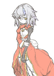 1girl absurdres amputee bags_under_eyes closed_mouth commentary_request cowboy_shot cracked_skin crossed_bangs dress eyes_visible_through_hair grey_hair hair_between_eyes heterochromia high_priest_(ragnarok_online) highres juliet_sleeves long_sleeves looking_at_viewer mechanical_arms medium_hair puffy_sleeves ragnarok_online red_dress red_eyes sash sera_(hitsuji_to_kitsune) simple_background single_mechanical_arm sketch smile solo thighhighs two-tone_dress white_background white_dress white_sash white_thighhighs yellow_eyes