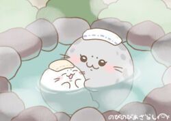 2others :3 animal animal_focus animal_hug black_eyes bush eyelashes happy harp_seal highres mother_and_child multiple_others no_humans nobinobi_azarashi onsen original rock seal_(animal) signature spotted_seal steam towel towel_on_head water whiskers