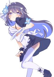 1girl absurdres alternate_costume apron black_dress blue_eyes blue_hair breasts colored_inner_hair commentary dress flower hair_flower hair_ornament highres honkai_(series) honkai_impact_3rd long_hair maid maid_apron medium_breasts multicolored_hair pic_p_p seele_vollerei seele_vollerei_(herrscher_of_rebirth) simple_background solo symbol-only_commentary thighhighs thighs two-tone_hair white_apron white_background white_thighhighs