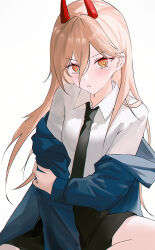 1girl absurdres black_necktie blonde_hair blue_jacket chainsaw_man collared_shirt commentary cross-shaped_pupils demon_girl demon_horns hair_between_eyes highres horns jacket long_hair long_hair_between_eyes looking_at_viewer necktie power_(chainsaw_man) red_horns shirt solo symbol-shaped_pupils usagi_(786113654) white_shirt yellow_eyes