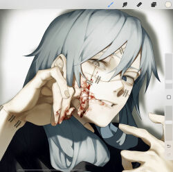 1boy air_(ai_r_) art_program_in_frame blood blood_on_cheek blood_on_hands blue_eyes blue_hair grin heterochromia highres jujutsu_kaisen long_hair mahito_(jujutsu_kaisen) male_focus portrait smile solo stitched_arm stitched_face stitches yellow_eyes