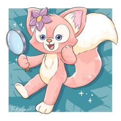 animal_ears animal_focus animification blue_eyes duffy_and_friends flower fox fox_ears fox_girl fox_tail furry hair_flower hair_ornament holding linabell looking_at_viewer magnifying_glass no_humans pink_fur smile solo standing tail takatmaorange