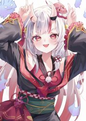 1girl :d aoha_(aohasora) bell black_kimono blush center-flap_bangs double_bun fang frilled_sleeves frills gradient_hair green_sash grey_hair hair_bell hair_between_horns hair_bun hair_ornament hands_up highres hololive horns horns_pose index_fingers_raised japanese_clothes jingle_bell karma_(nakiri_ayame) kimono long_hair long_sleeves looking_at_viewer mask mask_on_head multicolored_hair nakiri_ayame nakiri_ayame_(1st_costume) obi off_shoulder oni_mask open_mouth red_eyes red_hair red_kimono sash shiranui_(nakiri_ayame) short_kimono side_up_bun skin-covered_horns sleeveless sleeveless_kimono smile solo streaked_hair two_side_up upper_body v-shaped_eyebrows virtual_youtuber