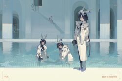 2024 6+girls animal_ear_hairband animal_ears black_gloves black_hair black_jacket crimsonknigh_t dated fake_animal_ears fingerless_gloves gloves hairband highres jacket looking_at_viewer multiple_girls orange_eyes original pool rabbit_ear_hairband rabbit_ears skirt stairs white_jacket white_skirt