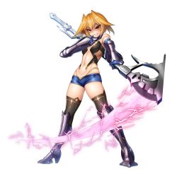 1girl armor blonde_hair boots breasts female_focus highleg highleg_panties holding holding_weapon lebe_safree_(taimanin_asagi) lilith-soft panties shiny_skin short_hair small_breasts smile solo taimanin_(series) taimanin_asagi taimanin_rpgx thong underwear weapon zol