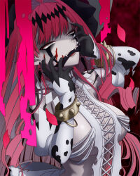 1girl baobhan_sith_(fate) baobhan_sith_(third_ascension)_(fate) black_hands blood blood_on_face bracelet breasts colored_extremities cross-laced_clothes cross-laced_dress detached_sleeves dress facial_mark fangs fate/grand_order fate_(series) frilled_hat frills gag grey_eyes hands_on_own_face hands_up hasebe_akira hat highres jewelry large_breasts long_hair pink_hair pointy_ears sidelocks smug solo spiked_bracelet spikes white_dress