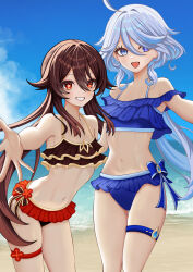 2girls absurdres ahoge alternate_costume bare_shoulders bikini blue_bikini blue_eyes blush brown_bikini brown_hair collarbone flat_chest flower-shaped_pupils frilled_bikini frilled_bikini_top frills furina_(genshin_impact) genshin_impact hair_between_eyes highres hu_tao_(genshin_impact) long_hair long_hair_between_eyes mismatched_pupils multiple_girls navel open_mouth parted_lips reaching reaching_towards_viewer red_eyes smile stomach swimsuit symbol-shaped_pupils thigh_strap white_hair yukipla061029