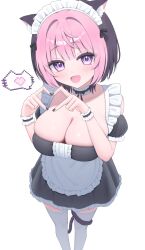 1girl animal_ears apron black_dress black_nails black_ribbon blush breasts cat_ears cat_tail choker cleavage dress fingernails frilled_apron frills heart heart_hands highres honyuuruinomoto large_breasts looking_at_viewer maid maid_headdress medium_hair multicolored_hair nail_polish neck_ribbon noa-senpai_wa_tomodachi. open_mouth pink_eyes pink_hair pixel_heart purple_hair ribbon saotome_noa smile solo split-color_hair spoken_heart tail tail_around_own_leg thighhighs thighs two-tone_hair waist_apron white_apron white_choker white_thighhighs white_wrist_cuffs wrist_cuffs