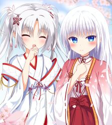 1230_mochi 2girls 3: ^_^ absurdres blue_eyes blunt_ends blush cherry_blossoms clenched_hand closed_eyes closed_mouth collarbone commentary_request commission cosplay covering_own_mouth cowboy_shot crossover day detached_collar embarrassed facing_viewer falling_petals flower grey_hair hair_between_eyes hair_flower hair_ornament hand_over_own_mouth hand_up highres japanese_clothes kimono long_hair long_sleeves look-alike looking_at_viewer miko multiple_girls naruse_shiroha naruse_shiroha_(cosplay) nontraditional_miko open_mouth outdoors petals pink_kimono ribbon-trimmed_sleeves ribbon_trim senren_banka side-by-side sidelocks skeb_commission smile split_mouth summer_pockets tomotake_yoshino tomotake_yoshino_(cosplay) trait_connection tsurime twintails two-tone_kimono white_flower white_hair white_kimono wide_sleeves