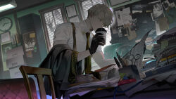 1boy absurdres binder binder_clip black_gloves book book_stack cabinet chair chalkboard clock collared_shirt corded_phone cup disposable_coffee_cup disposable_cup dress_shirt dutch_angle echoes_of_vision file file_cabinet gloves grey_eyes grey_hair highres holding holding_cup holding_jacket holding_newspaper holding_unworn_clothes indoors jacket looking_at_object male_focus male_section_chief_(echoes_of_vision) necktie newspaper office pen phone photo_(object) reading scissors section_chief_(echoes_of_vision) shadow shirt shishio_(shishio5431) short_hair short_sleeves slice_of_life solo sticky_note suspenders unworn_jacket upper_body wall_clock white_shirt window_blinds yellow_necktie
