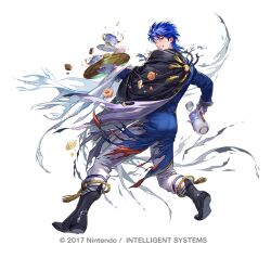 1boy black_boots black_vest blue_eyes blue_hair blue_jacket boots cape clenched_teeth commentary_request cookie cup fire_emblem fire_emblem:_genealogy_of_the_holy_war fire_emblem_heroes food from_behind full_body gloves holding holding_teapot holding_tray jacket long_sleeves looking_at_viewer male_focus nintendo official_alternate_costume official_art one_eye_closed pants short_hair sigurd_(fire_emblem) sigurd_(tea_party)_(fire_emblem) simple_background solo standing suzuki_rika teacup teapot teeth torn_cape torn_clothes torn_jacket tray vest white_background white_gloves white_pants