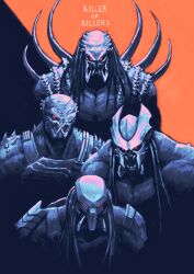 4boys alien armor atlantic_predator character_request check_character check_copyright copyright_request dreadlocks helmet highres japanese_predator long_hair mask multiple_boys muscular pauldrons predator:_killer_of_killers predator_(character) predator_(series) red_eyes scandinavian_predator shigumo_(shigeru) shoulder_armor skull the_predator_warlord