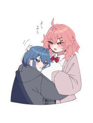 Rule 34 | 2girls, absurdres, ahoge, black hoodie, blue eyes, blue hair, blush, bow, bowtie, breasts, cardigan, collared shirt, fang, grey skirt, hair ornament, hairclip, headpat, heart, heart in eye, highres, hood, hoodie, huge breasts, looking at another, medium hair, mole, mole under eye, multiple girls, open cardigan, open clothes, open mouth, original, pink cardigan, pink eyes, pink hair, plaid clothes, plaid skirt, red bow, red bowtie, shirt, simple background, skin fang, skirt, sleeves past fingers, sleeves past wrists, smile, symbol in eye, warabi mochi (w4rabimochi), white background, white shirt