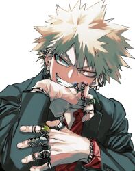 1boy alternate_costume bakugou_katsuki bishounen black_jacket blonde_hair boku_no_hero_academia bracelet elbow_rest evil_grin evil_smile fang gangster glowing_jewelry grin hand_chains hand_on_own_arm hand_on_own_chin hands_up head_rest highres jacket jewelry long_sleeves mafia male_focus multiple_piercings multiple_rings open_clothes open_hand open_jacket red_eyes red_shirt ring sanpaku setubigo shirt short_hair sideways_glance simple_background smile solo spiked_hair upper_body v-shaped_eyebrows v-shaped_eyes white_background yakuza