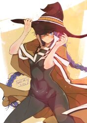Rule 34 | 1girl, adjusting clothes, adjusting headwear, blue eyes, blush, braid, breasts, breasts apart, brown cloak, cloak, closed mouth, cowboy shot, curvy, fantasy, groin, hair between eyes, hat, highres, hip bones, kiyo (a sam ko), lips, long hair, looking at viewer, mushoku tensei, narrow waist, navel, roxy migurdia, sidelocks, skin tight, skinny, small breasts, solo, twin braids