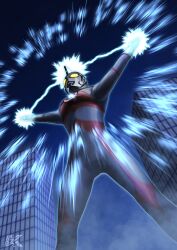 Rule 34 | 1boy, absurdres, alien, arms up, artist logo, blue gemstone, building, city, color timer, colored skin, commentary, compound eyes, dorsal fin, dust cloud, dutch angle, energy, feet out of frame, forehead jewel, from below, gem, giant, gloves, glowing, glowing eyes, glowing hands, gradient sky, highres, kazuzu-art, legs apart, lens flare, logo, looking ahead, male focus, multicolored skin, night, night sky, outdoors, pectorals, powering up, red skin, silver gloves, silver skin, sky, skyscraper, solo, standing, tokusatsu, toned, toned male, two-tone skin, ultra series, ultraman ace, ultraman ace (series), yellow eyes