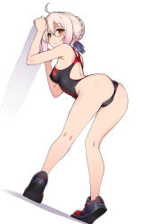 1girl ahoge artoria_pendragon_(fate) ass black_one-piece_swimsuit blonde_hair blush braid breasts competition_swimsuit fate/grand_order fate_(series) french_braid full_body glasses hair_between_eyes hair_bun highleg highleg_one-piece_swimsuit highres kneepits long_hair looking_at_viewer looking_back medium_breasts mysterious_heroine_x_alter_(fate) namonashi one-piece_swimsuit red_one-piece_swimsuit sidelocks single_hair_bun solo swimsuit thighs yellow_eyes