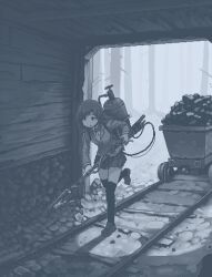 1girl :t blazer blue_theme coal flamethrower gas_cylinder hamsterfragment holding holding_flamethrower holding_weapon imminent_death imminent_suicide jacket medium_hair mine_(place) minecart mineshaft monochrome original over-kneehighs pout propane_tank railroad_tracks solo suicidal_girl_(hamsterfragment) thighhighs weapon