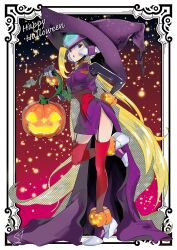 1girl alternate_color alternate_costume bliss_zero_(mega_man) blonde_hair breasts dress forehead_jewel garter_straps halftone halloween hat highres long_dress long_hair medium_breasts mega_man_(series) mega_man_zero_(series) pumpkin purple_dress purple_hat purple_shirt red_background red_thighhighs shirt single_bang snk_vs_capcom_svc_chaos solo sumomo svc_chaos thighhighs witch_hat zero(z)_(mega_man) zero_(mega_man)