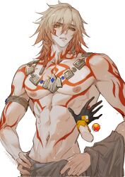1boy abs aoma_(xuanzexuexi) arm_tattoo armlet blonde_hair blush braid chest_tattoo earrings facial_tattoo gloves gold_armlet gold_earrings gold_necklace highres holding holding_towel honkai:_star_rail honkai_(series) jewelry large_pectorals male_focus muscular muscular_male mydei_(honkai:_star_rail) neck_tattoo necklace nipples orange_eyes pectorals red_tattoo side_braid sweat tattoo toned toned_male towel towel_around_waist trailblazer_(honkai:_star_rail) veins