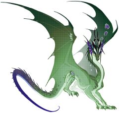 black_horns blue_eyes blue_sclera claws colored_sclera colored_skin dragon dragon_horns fins gradient_skin green_scales green_skin green_wings halftone head_fins highres horns long_neck looking_at_viewer monster monster_focus night_heart no_humans original simple_background sketch slit_pupils solo talons white_background wings wings_of_fire