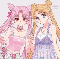 2girls aged_up bare_shoulders bishoujo_senshi_sailor_moon blonde_hair blue_eyes breasts chibi_usa earrings holding_hands jewelry long_hair looking_at_viewer mother_and_daughter multiple_girls pink_eyes pink_hair see-through_clothes skirt sleeveless tsukino_usagi twintails very_long_hair white_background yuuinami