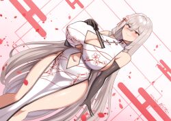 1girl absurdres bare_legs bare_shoulders black_gloves blush breasts china_dress chinese_clothes cleavage cleavage_cutout closed_mouth clothing_cutout cowboy_shot dated dress dutch_angle egasumi elbow_gloves floral_print floral_print_dress flower gloves hair_flower hair_ornament hair_ribbon hand_fan highres holding holding_fan huge_breasts long_hair lu_ke_ge_ge navel navel_cutout original pelvic_curtain petals print_dress red_eyes red_petals red_ribbon ribbon sideboob signature smile solo thick_thighs thighs underboob underboob_cutout very_long_hair white_dress white_hair