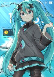 1girl absurdres aqua_eyes aqua_hair bandaid bandaid_on_leg batsu_miku battery_indicator black_skirt blush breasts closed_mouth grey_jacket hair_between_eyes hair_ornament hatsune_miku highres jacket kowareta_sekai_to_utaenai_miku long_hair long_sleeves medium_breasts natsu_chiki pleated_skirt project_sekai skirt sleeves_past_wrists solo turtleneck turtleneck_jacket twintails very_long_hair vocaloid wi-fi_symbol wide_sleeves x_hair_ornament