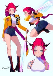 1girl boots crossover demon demon_girl demon_horns full_body hololive hololive_english horns irys_(hololive) jacket kpop_demon_hunters multicolored_eyes pointy_ears red_hair rumi_(kpop_demon_hunters) simple_background solo sword virtual_youtuber weapon