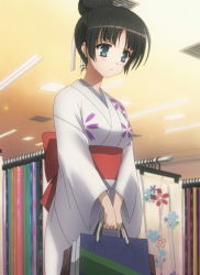 Rule 34 | bag, black hair, blue eyes, hair bun, hair ribbon, hidan no aria, highres, hotogi shirayuki, japanese clothes, kimono, ribbon, shopping bag, single hair bun, stitched, third-party edit