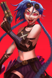 0homi 1girl absurdres arcane:_league_of_legends arcane_jinx arm_tattoo asymmetrical_clothes blood blue_hair blurry braid breasts brown_gloves brown_tank_top cloud_tattoo commentary cowboy_shot crop_top depth_of_field earrings english_commentary eyebrow_cut eyebrow_piercing face_piercing fang fingerless_gloves gloves gun heart highres holding holding_gun holding_weapon jewelry jinx_(league_of_legends) league_of_legends long_hair low_twin_braids medium_breasts midriff navel nosebleed open_mouth pants piercing pink_eyes purple_pants red_background signature single_pantsleg smile solo stomach_tattoo striped_clothes striped_pants stud_earrings tank_top tattoo tongue tongue_out twin_braids very_long_hair weapon