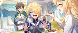 1boy 2girls belt blonde_hair blue_coat blue_eyes blue_streaks blush braid brown_belt brown_hair cape chopsticks claire_(konosuba) closed_eyes closed_mouth coat crossed_arms earrings feeding food game_cg gold_trim green_cape green_eyes hair_between_eyes hair_over_one_eye hands_up highres holding holding_chopsticks holding_with_chopsticks hoop_earrings indoors iris_(konosuba) jewelry kono_subarashii_sekai_ni_shukufuku_wo! konosuba!_fantastic_days light_blush long_hair long_sleeves looking_at_another mole mole_under_eye multicolored_hair multiple_girls official_art one_eye_covered open_mouth satou_kazuma shirt short_hair side_braid sitting smile standing streaked_hair wavy_mouth white_shirt wispy_bangs
