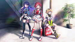 3girls aqua_eyes black_socks black_thighhighs blonde_hair blue_eyes boots full_body gradient_hair high_heel_boots high_heels idolmaster idolmaster_va-liv kamizuru_cosmo kneehighs letora_(idolmaster) long_hair looking_at_viewer looking_back miniskirt morikura_en multicolored_hair multiple_girls official_art pleated_skirt purple_eyes purple_hair red_hair red_socks shoes short_hair sitting skirt sneakers socks standing streaked_hair thighhighs tomori_manaka virtual_youtuber