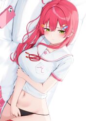 1girl ahoge bandaid bandaid_hair_ornament belt black_panties blush breasts cat_hair_ornament cellphone collarbone fanged_bangs green_eyes hair_between_eyes hair_ornament hairclip hand_on_own_arm highres hololive large_breasts long_hair lying navel nyan_(reinyan_007) on_side panties phone pillow pink_hair pink_skirt sailor_collar sakura_miko sakura_miko_(school_uniform) school_uniform serafuku short_sleeves simple_background skirt smartphone solo stomach thigh_belt thigh_strap thighs underwear virtual_youtuber white_background white_sailor_collar white_serafuku