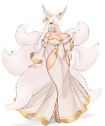 1girl absurdres animal_ear_fluff animal_ears breasts cleavage dress fox_ears fox_girl fox_tail gold_halo hair_ornament hair_over_one_eye halo high_heels highres huge_breasts krass long_hair mole mole_on_breast multicolored_hair multiple_tails one_eye_covered original simple_background single_hair_streak solo streaked_hair tail white_background white_hair yang_(krass) yellow_eyes
