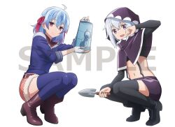 2girls ahoge anime_coloring belt black_thighhighs blue_hair blue_thighhighs boots capelet closed_mouth full_body gloves grey_hair hair_between_eyes hair_ribbon holding holding_shovel holding_watering_can hood hooded_capelet long_sleeves looking_at_viewer medium_hair multiple_girls navel open_mouth purple_capelet purple_eyes purple_shorts red_eyes red_ribbon ribbon ruti_ragnason shin_no_nakama_janai_to_yuusha_no_party_wo_oidasareta_no_de_henkyou_de_slow_life_suru_koto_ni_shimashita shorts shovel simple_background sleeves_rolled_up smile squatting teeth thighhighs tisse_garland watanabe_ruriko watering_can