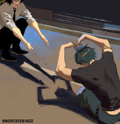 ... 1boy 2boys asaba_harumasa black_necktie black_pants black_shirt cat_shadow_puppet_(meme) collared_shirt green_hair headband heart jewelry lighter_(zenless_zone_zero) meme multiple_boys necklace necktie pants penis_shadow phallic_symbol runa_(nori31291404) shadow_puppet shirt short_sleeves sleeves_rolled_up spoken_ellipsis spoken_heart squatting sunglasses toned toned_male twitter_username white_shirt yellow_headband zenless_zone_zero
