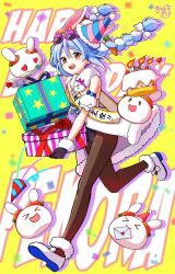 Rule 34 | &gt; &lt;, 1girl, :d, animal ears, bare shoulders, black gloves, black leotard, blue hair, blush, bow, box, braid, brown pantyhose, cake, candle, carrot hair ornament, character name, closed eyes, closed mouth, commentary request, detached sleeves, don-chan (usada pekora), dress, drop shadow, envelope, eyewear on head, fire, flower, food, food-themed hair ornament, full body, fur-trimmed dress, fur-trimmed gloves, fur trim, gift, gift box, gloves, hair bow, hair ornament, happy birthday, hat, heart, heart-shaped eyes, highres, holding, holding gift, hololive, kiritoma, leotard, letter, love letter, mouth hold, multicolored hair, open mouth, pantyhose, party hat, pekomon (usada pekora), puffy short sleeves, puffy sleeves, purple-framed eyewear, rabbit-shaped pupils, rabbit ears, red eyes, red flower, red rose, rose, running, sash, short eyebrows, short sleeves, shoulder sash, signature, smile, strapless, strapless dress, strapless leotard, sunglasses, symbol-shaped pupils, thick eyebrows, tilted headwear, twin braids, twintails, two-tone hair, usada pekora, usada pekora (1st costume), virtual youtuber, white bow, white dress, white hair, white sleeves, xd, yellow background