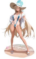 1girl 1other absurdres alien alternate_costume asuna_(blue_archive) beach bikini blue_archive blue_bikini blue_hair blue_halo blue_nails breasts full_body hair_over_one_eye halo hat highres korean_commentary large_breasts long_hair long_sleeves looking_at_viewer mole mole_on_breast navel navel_piercing ocean off_shoulder piercing sand sandals shirt smile standing sun_hat swimsuit takopii takopii_no_genzai tan tanline teeth v very_long_hair white_hat white_sandals white_shirt xiunei00