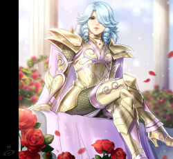1boy armor blue_eyes boots cape crossdressing crossed_legs drill_hair drill_sidelocks flower full_body gold_armor gold_cloth gold_saint gold_scales hair_over_one_eye high_heel_boots high_heels looking_at_viewer male_focus medium_hair mizuhara_aki outdoors parted_lips pauldrons petals pillar pink_cape pink_lips pink_trim pisces_aphrodite red_flower red_petals red_rose ringlets rose rose_bush rose_petals saint_seiya saint_seiya:_legend_of_sanctuary scale_armor scales shoulder_armor sidelocks sitting solo trap