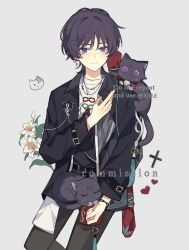 Rule 34 | 1boy, alternate costume, animal, animal on lap, animal on shoulder, animalization, arm at side, belt, black belt, black hair, black shirt, black sleeves, blunt ends, casual, cat, cat on lap, cat on shoulder, clenched hand, closed mouth, collared shirt, commission, contemporary, cross, cross earrings, earrings, eyeliner, eyeshadow, fingernails, flower, genshin impact, grey background, grey pants, hair ornament, hairclip, hand up, highres, jewelry, long sleeves, makeup, male focus, on lap, open clothes, open hand, open shirt, pants, person and animalization, purple eyes, red eyeliner, red eyeshadow, reido 0723, ring, scaramouche (cat) (genshin impact), scaramouche (genshin impact), shirt, sleeve belt, smile, solo, tassel, tsurime, watermark, white flower, white undershirt, wispy bangs, wristband