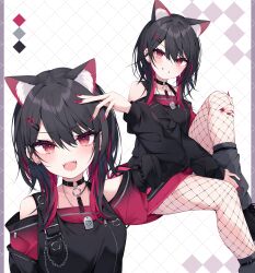 1girl :d animal_ear_fluff animal_ears bare_shoulders black_dress black_hair black_shoes blush breasts cat_ears collarbone color_guide commentary_request commission dotted_line dress ear_piercing earrings fangs feet_out_of_frame fishnet_pantyhose fishnets grey_socks grin hair_between_eyes hair_ornament hairclip highres jewelry knee_up long_sleeves looking_at_viewer loose_socks multicolored_hair multiple_views nail_polish nibiiro_shizuka open_mouth original pantyhose piercing puffy_long_sleeves puffy_sleeves red_eyes red_hair red_nails shoes skeb_commission sleeves_past_wrists small_breasts smile socks two-tone_hair