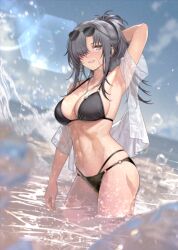 1girl alternate_costume angelia_(girls&#039;_frontline) arm_behind_head art_undertaker bikini black_bikini black_hair blue_sky blush breasts cleavage cloud commentary_request detached_sleeves dog_tags eyewear_on_head girls&#039;_frontline grey_eyes highres korean_commentary light_smile looking_at_viewer navel ocean open_clothes open_shirt parted_lips partially_submerged scar scar_on_face scar_on_leg scar_on_stomach see-through_clothes see-through_shirt shirt skindentation sky solo splashing stomach sun_glare sunglasses swimsuit wet white_shirt
