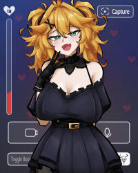 Rule 34 | 1girl, :d, absurdres, affection meter, ani (xai), ani (xai) (cosplay), bare shoulders, belt, black background, black belt, black dress, black gloves, blonde hair, breasts, cleavage, commentary, cosplay, dokibird, dress, english commentary, fang, gloves, goth fashion, green eyes, hair between eyes, hair ornament, hand to own mouth, heart, highres, indie virtual youtuber, laphurus, large breasts, light blush, long hair, looking at viewer, open mouth, simple background, skin fang, smile, solo, twintails, virtual youtuber, x hair ornament, xai (company)