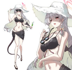 1girl absurdres bikini black_bikini black_sarong blue_archive breasts commentary_request demon_girl demon_tail demon_wings eyewear_on_head halo haruna_(blue_archive) hat highres holding holding_removed_eyewear large_breasts long_hair multiple_views navel open_mouth red_eyes red_halo sandals sarong single_wing stomach straw_hat sunglasses sunnysideup swimsuit tail unworn_eyewear white_hair wings
