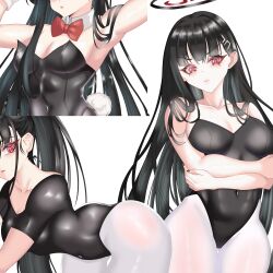 1girl absurdres animal_ear_hairband animal_ears athletic_leotard black_hair black_halo black_leotard blue_archive bow bowtie breasts bright_pupils cleavage detached_collar eclipse_(njnr3787) fake_animal_ears hairband halo highres large_breasts leotard long_hair multiple_views pantyhose playboy_bunny ponytail rabbit_tail red_bow red_bowtie red_eyes rio_(blue_archive) simple_background strapless strapless_leotard tail white_background white_pantyhose white_pupils wrist_cuffs