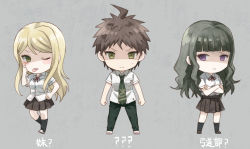 10s 1boy 2girls bad_id bad_pixiv_id black_hair blonde_hair blush_stickers crossed_arms danganronpa_(series) danganronpa_3_(anime) green_eyes hand_on_own_hip hinata_hajime kuzuryu_natsumi long_hair multiple_girls okuragon purple_eyes satou_(danganronpa) school_uniform tongue translated