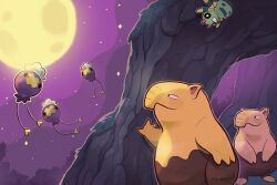 brown_fur drifloon drowzee full_moon gen_1_pokemon gen_2_pokemon gen_4_pokemon moon night nintendo outdoors pokemon pokemon_(creature) purple_sky sky spinarak squeegool two-tone_fur yellow_fur